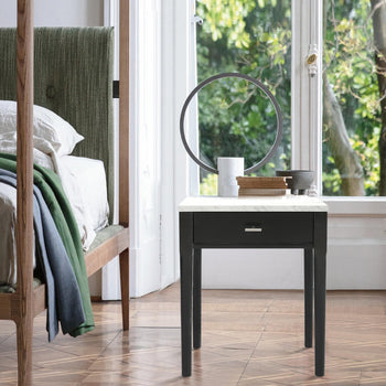 Alto 18" Square Italian Carrara White Marble Side Table with Black Leg